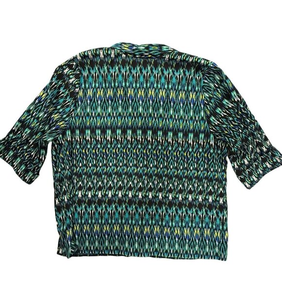 Catherines Shirt Womens 2X Plus Button Up Cuffed Sleeve Green Blue Geometric Top - Picture 8 of 9
